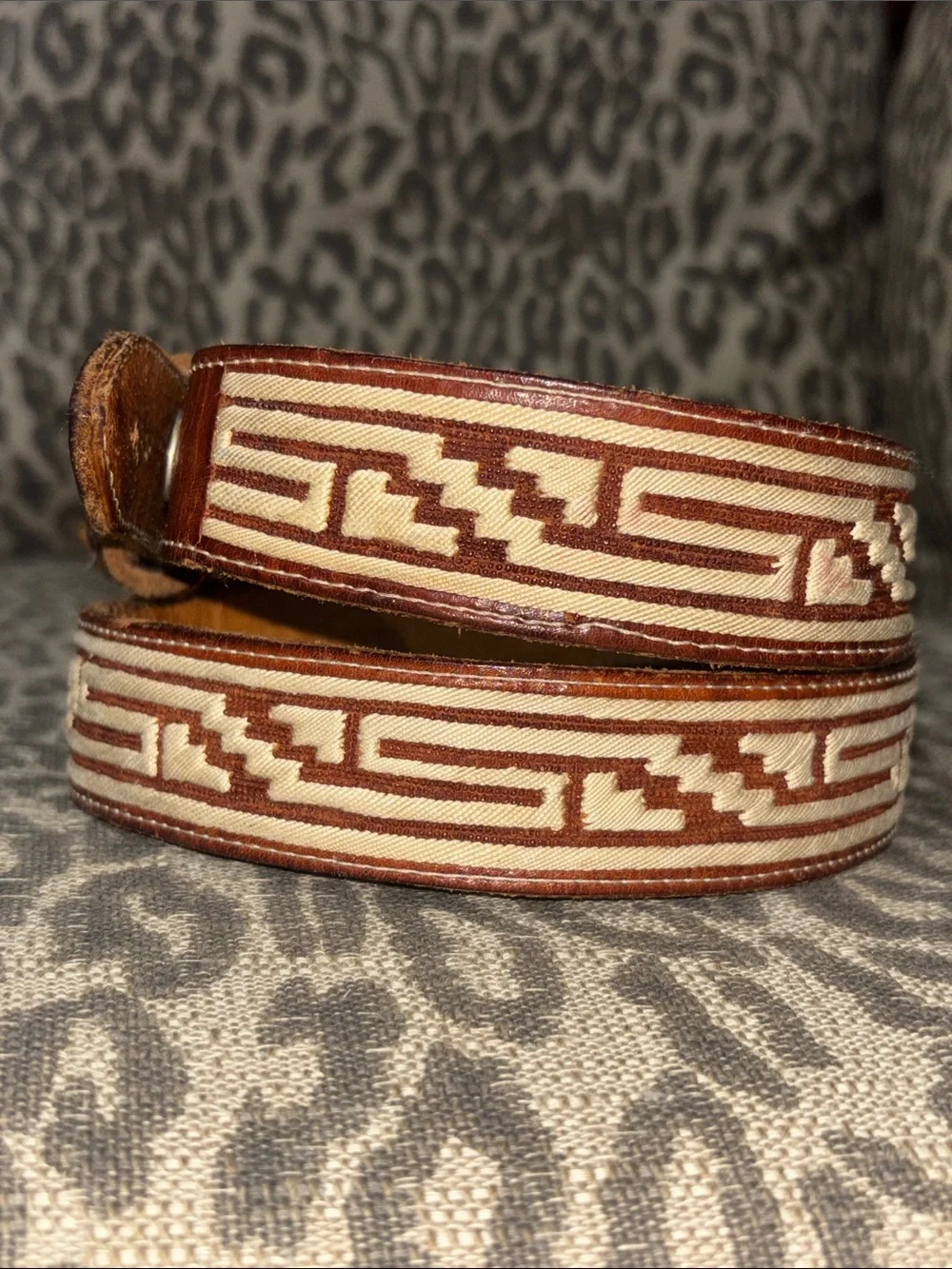 Western embroidered charro cowboy belt cream brown leather Aztec geometric 34